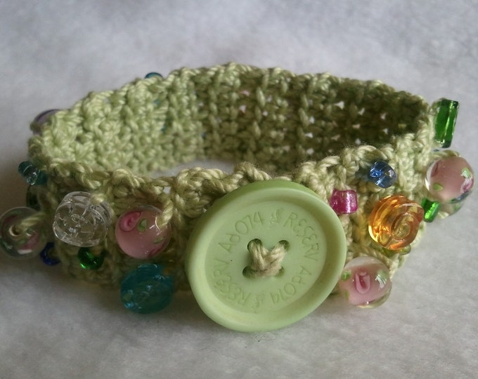 Cotton Thread Crochet Bracelet With Glass Beads and Button Etsy