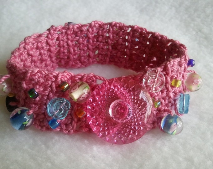 Cotton Thread Crochet Bracelet With Glass Beads and Pink Etsy