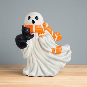 Halloween Ghost & Black Cat Statue - Unique Resin Decor, Spooky Cute Home Accent, Perfect for Halloween Shelves and Tabletops