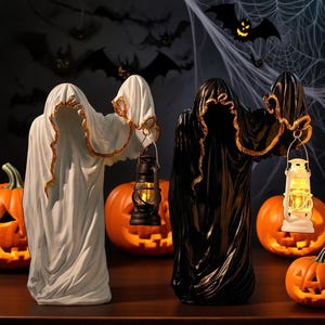 Halloween-Geist-Laternendekor - Harz, gruselige Schwarz-Weiß-Geist-Figuren mit Laternen, gruselige süße Akzente für Spukhaus und Party