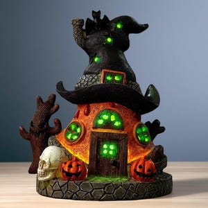 Halloween Witch Hat House Figurine - Spooky Resin Decor with Pumpkins, Skull & Bat, Perfect Haunted Home Accent for Festive Vibe