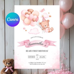 Beary First Birthday Invitation Girl, Pastel Pink Teddy Bear Invite, Canva Editable 1st Birthday Party Template, Digital Download