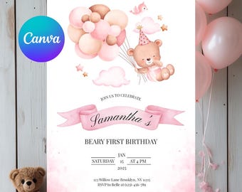 Faire-part 1er anniversaire d'un ours en peluche rose pastel - Modèle sur toile (téléchargement numérique)