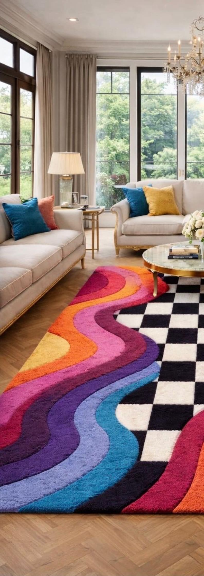 May include: A rectangular area rug featuring a split design. One half displays a vibrant, multi-colored pattern of wavy, curved stripes in shades of pink, orange, yellow, purple, and blue. The other half features a black and white checkerboard pattern.