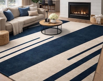 Hand Tufted Wool Geometric Rug, Navy Blue Cream Scandinavian Style Carpet