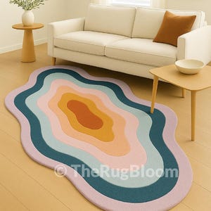 Modern Abstract Wavy Hand Tufted Rug – Colorful Irregular Shape Aesthetic Carpet for Living Room, Bedroom, Nursery – Custom Groovy Boho Rug