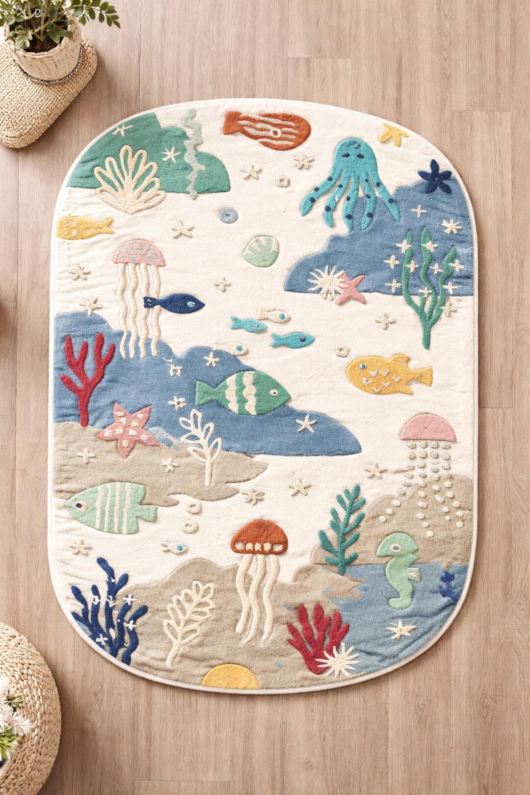 Ocean Theme Rug Hand Tufted Ocean Theme Rug for Kids Playroom, Underwater Fish ...