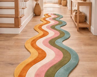 Wavy Rainbow Runner Rug | Modern Boho Hallway Carpet