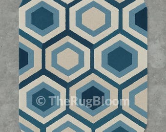 Hand-Tufted Wool Hexagon Rug: Modern Blue Geometric Carpet For Living Room