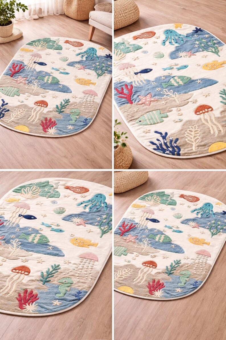 May include: Oval rug with an underwater scene design. The rug features a cream-colored background with blue, green, yellow, and red sea creatures and coral. The design includes fish, jellyfish, and an octopus.
