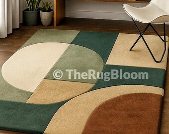 Modern Abstract Wool Rug, Geometric Area Rug, Olive Green Neutral Rug, Handmade Contemporary Living Room Carpet, Designer Home Decor