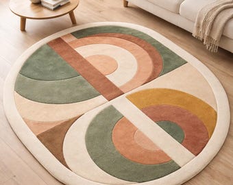 Hand Tufted Abstract Round Rug,Modern Geometric Area Rug, Boho Neutral Wool Carpet, Scandinavian Living Room Rug, Custom Size Rug3×5 4×6 5×7