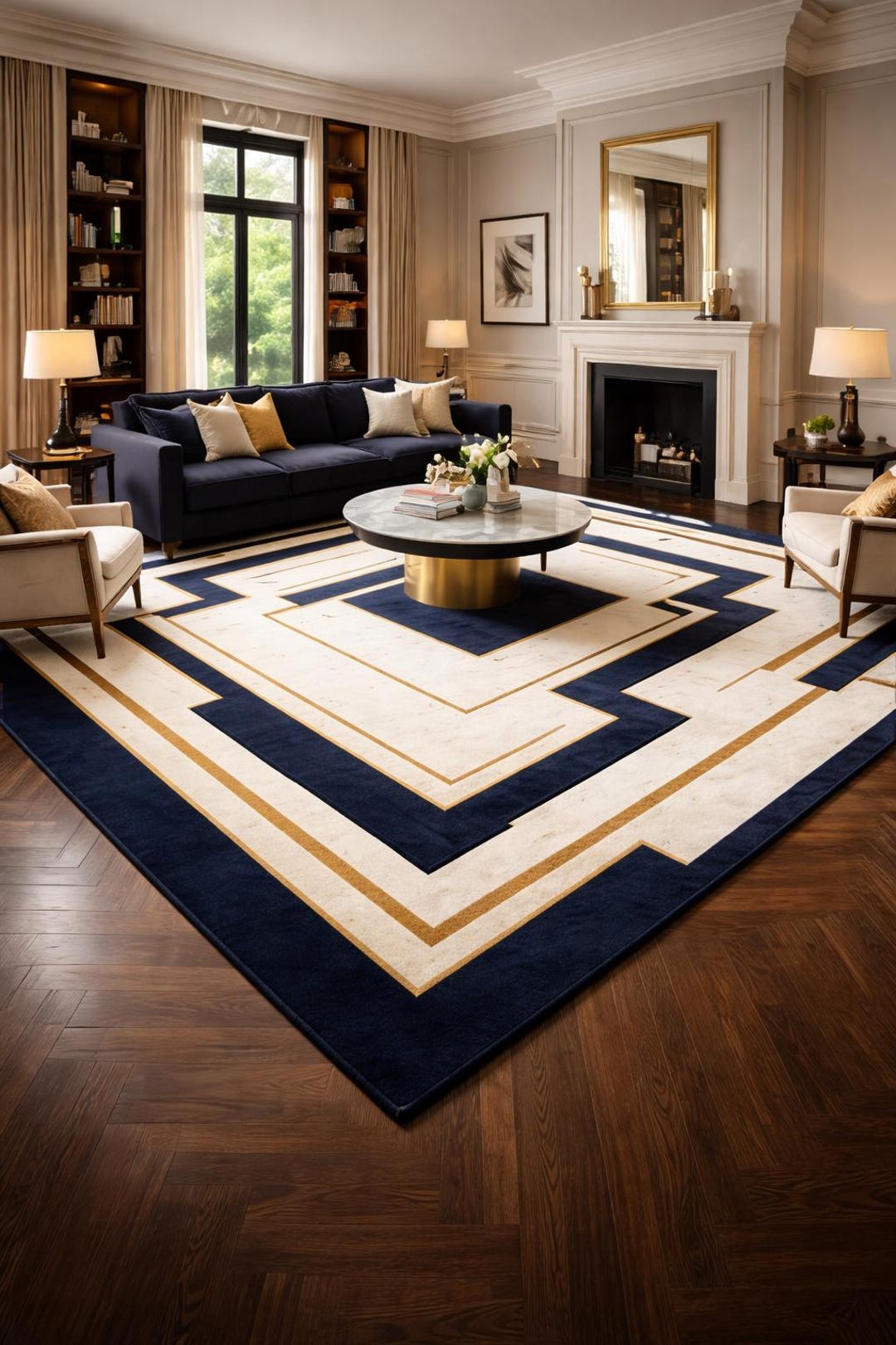 Luxury Geometric Hand Tufted Wool Rug, Modern Minimalist Area Rug, Navy ...