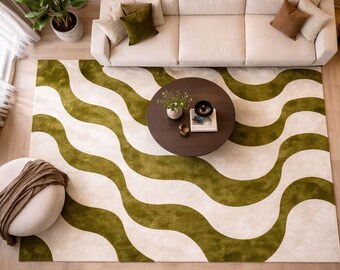 Hand Tufted Wool Rug, Abstract Wavy Pattern, Cream Olive Carpet, Modern Living Room