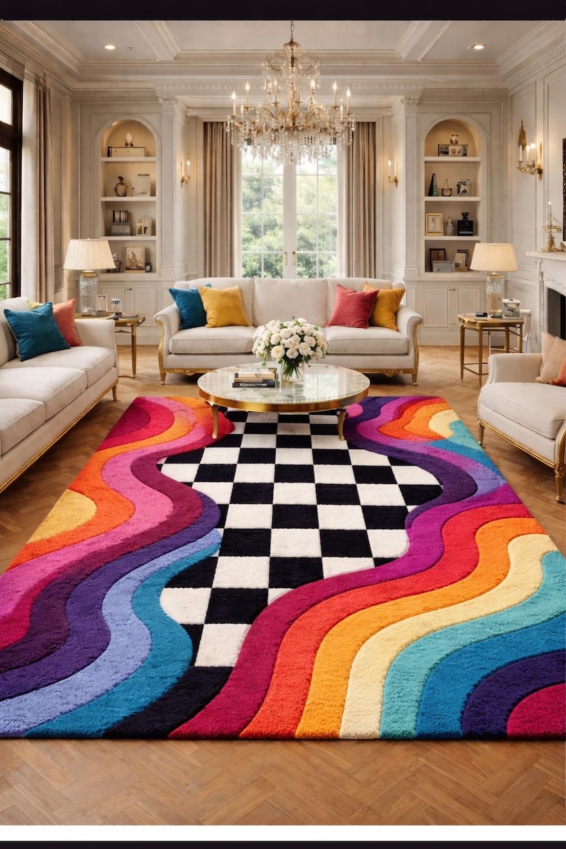 May include: A rectangular area rug featuring a central black and white checkered pattern flanked by wide, wavy bands of vibrant colors including red, orange, yellow, purple, and blue. The rug has a thick, textured pile and covers a wooden floor.
