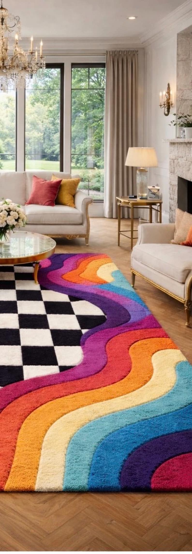 May include: A rectangular area rug featuring a black and white checkered pattern on one side and a series of vibrant, multi-colored wavy stripes in shades of purple, magenta, orange, yellow, and blue on the other side with a textured surface.