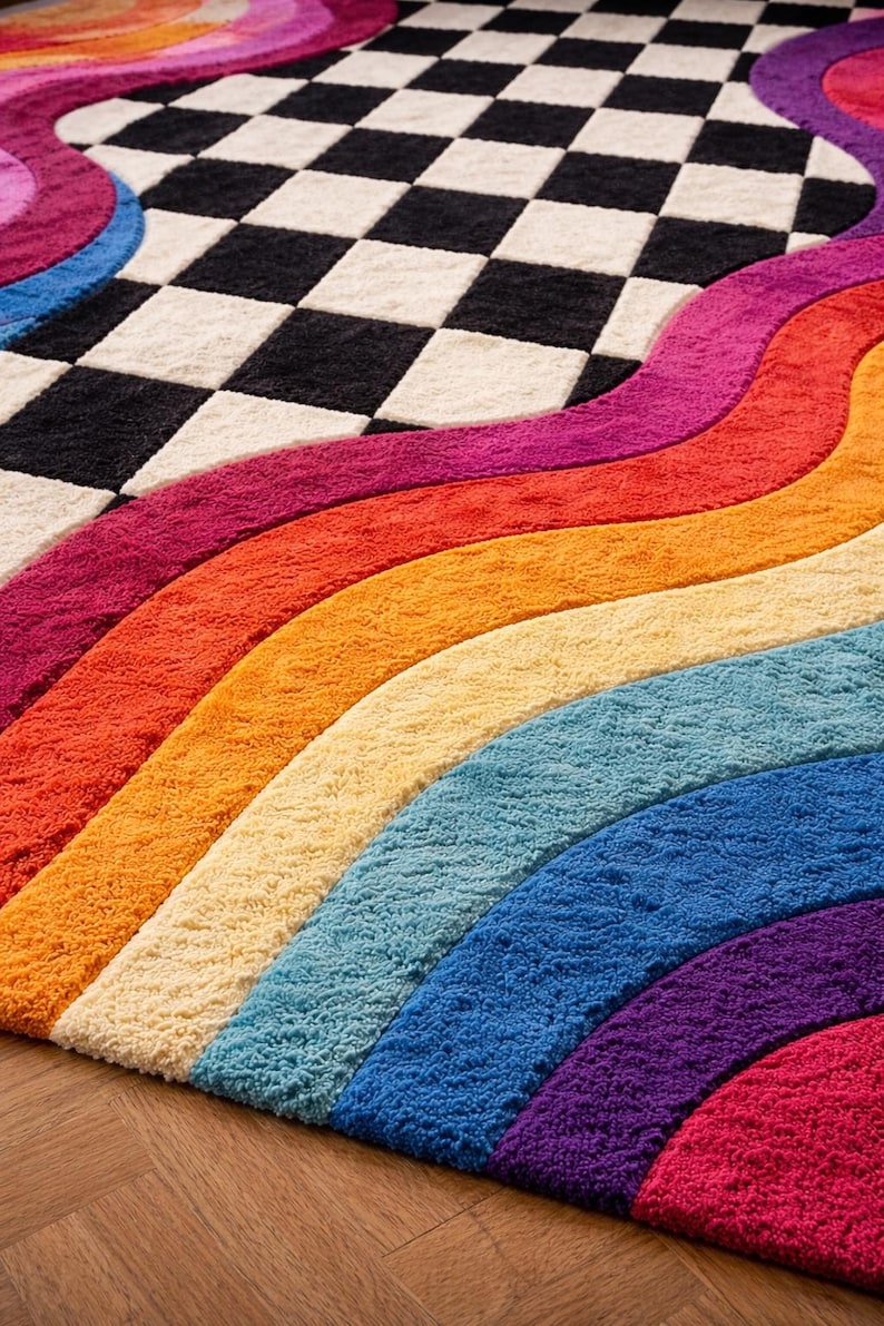 May include: A tufted area rug featuring a central black and white checkered pattern bordered by thick, wavy, multi-colored stripes in shades of magenta, orange, yellow, light blue, and purple, creating a vibrant and textured floor covering.