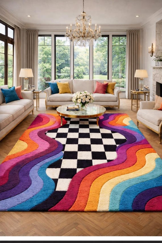 Colourful checkerboard rug — Retro Wavy Rainbow Area Rug for Living Room Black and white checkerboard rug multicolour statement rug