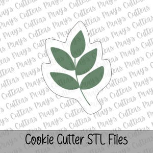 May include: A white cookie cutter shaped like a leaf with a central stem and four symmetrical green leaves. The background features a repeating watermark of the text Pray's Cutters, and the bottom text reads Cookie Cutter STL Files.