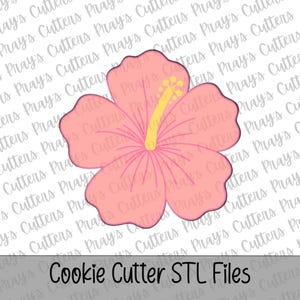 May include: A pink hibiscus flower cookie cutter with five rounded petals and a central yellow stamen. The design features a clear outline and a detailed interior structure. The text "Cookie Cutter STL Files" is printed at the bottom of the image.