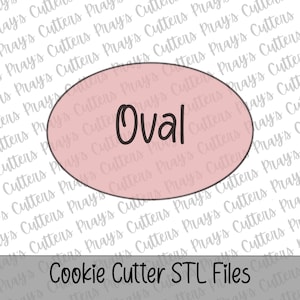 May include: A pink oval-shaped cookie cutter with the word "Oval" in dark brown script. The text "Cookie Cutter STL Files" is at the bottom. The background has a repeating pattern of text.