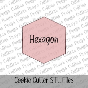 May include: A pink hexagon-shaped cookie cutter with the word "Hexagon" in black text. The phrase "Cookie Cutter STL Files" is at the bottom. The background has a repeating pattern of text.