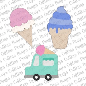 Könnte beinhalten: Drei Ausstecher zum Thema Eiscreme. Einer zeigt eine rosa Eistüte mit Streuseln, ein weiterer eine blaue Eistüte und der dritte einen türkisfarbenen Eiswagen mit Eiscreme.