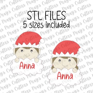 May include: An image featuring two elf-like characters wearing red Santa hats. Each holds a cloud-shaped sign with the name "Anna" in red. The text "STL FILES" and "5 sizes included" are also visible.
