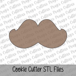 Peut inclure: Un emporte-pièce en forme de moustache marron. L'image contient le texte "Cookie Cutter STL Files" en bas. L'arrière-plan présente un motif répétitif de texte qui se lit "Pray's Cutters Pray's Cutters Pray's Cutters".