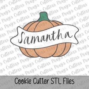 May include: A peach-colored pumpkin cookie cutter design featuring a green stem and a white banner across the center with the name Samantha written in black cursive script. The design is set against a repeating watermark background.