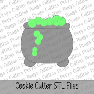 May include: A gray cauldron cookie cutter with three small feet and a wide rim. The top of the cauldron features bright green bubbling liquid, with additional green bubbles dripping down the side of the gray pot. The text reads Cookie Cutter STL Files.