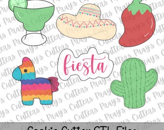 May include: A collection of colorful cookie cutter designs with a fiesta theme. Includes a margarita, sombrero, chili pepper, pinata, the word "fiesta", and a cactus. The text "Cookie Cutter STL Files" is at the bottom.