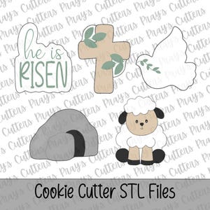 May include: A collection of cookie cutter designs for Easter, including a cross with leaves, a dove, a tomb, a lamb, and a design that says "he is RISEN". The text "Cookie Cutter STL Files" is at the bottom.