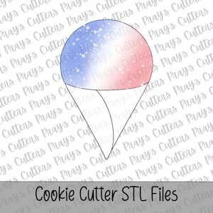 May include: A cookie cutter outline in the shape of a shaved ice treat, featuring a rounded top section with a blue and red gradient and white speckles, sitting atop a white cone-shaped base with black outlines on a branded background.