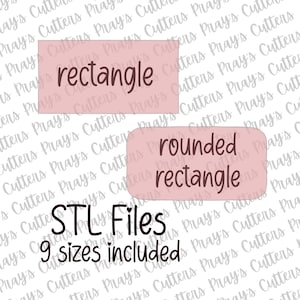 Peut inclure: Deux formes rectangulaires roses avec les mots "rectangle" et "rectangle arrondi" en marron. En dessous, le texte "Fichiers STL" et "9 tailles incluses" sont affichés en noir. L'arrière-plan présente un motif de texte répété.