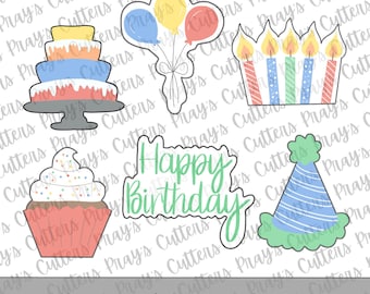 Conjunto de Cortadores de Biscoito de Aniversário: Bolo impresso em 3D, Cupcake, Balões, Velas, Chapéu de Festa, “Feliz Aniversário”