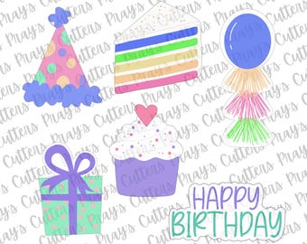 Conjunto de cortadores de biscoitos de aniversário: chapéu de festa, cupcake, balão, feliz aniversário - impressão 3D