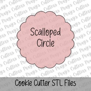 May include: A pink scalloped circle cookie cutter design with the words "Scalloped Circle" in the center. Below the circle, the text reads "Cookie Cutter STL Files".