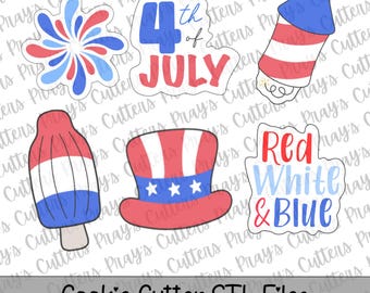 Paquete de archivos STL para cortadores de galletas del 4 de julio / Descarga de fuegos artificiales, piruletas y sombrero del tío Sam