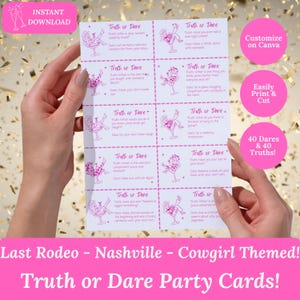 Puede incluir: Una hoja de tarjetas de juego de Verdad o Reto con temática de vaquera. Las tarjetas son blancas con texto e ilustraciones rosas. El texto incluye "Verdad o Reto" y varias indicaciones. La imagen también incluye el texto "Descarga instantánea" y "Personalizar en Canva".