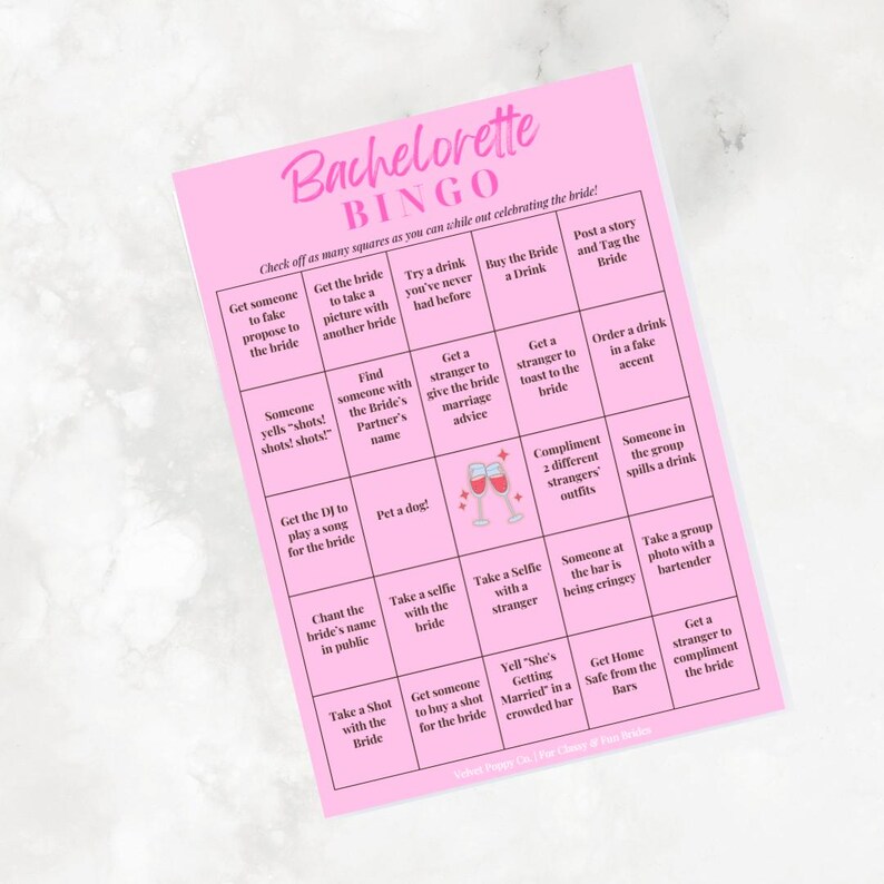 Classy Pink Bachelorette Party Bingo – 10 Unique Printable Cards ...