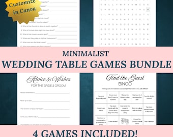 Può includere: Un pacchetto di giochi da tavolo per matrimoni minimalista con quattro giochi inclusi. I giochi includono curiosità, ricerca di parole, consigli e desideri e bingo. Il testo "Customize in Canva" è in una stella gialla. Perfetto per i ricevimenti di nozze.
