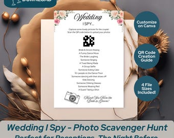 Pode incluir: Um cartão de jogo de casamento branco I Spy com detalhes florais, apresentando uma lista de solicitações de fotos. Inclui o texto "Download instantâneo" e "Personalizar no Canva". O cartão é cercado por elementos decorativos e o texto "Wedding I Spy - Photo Scavenger Hunt".