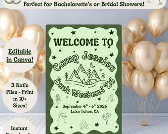 Camp vrijgezellenposter, kamp vrijgezellenfeest, camping vrijgezellenfeest, vrijgezellenfeest buiten, laatste pad voor de sluier, digitale sjabloon