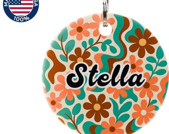 Floral Dog ID Tag, Personalized Pet Name Tag, Durable Aluminum Round Collar Tag, Made in the USA Metal Pet Tag, Double-Sided Pet Tag