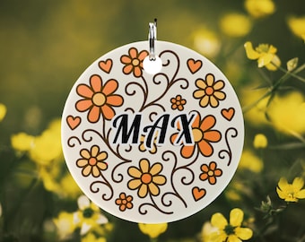 Floral Dog Tag, Personalized Dog ID Tag, Custom Round Pet Name Tag, Double‑Sided Dog Tag, Customizable Pet Collar Tag, Made in the USA