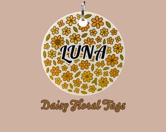 Daisy Floral Dog Tag, Personalized Dog ID Tag, Custom Round Pet Name Tag, Double‑Sided Dog Tag, Customizable Pet Collar Tag, Made in the USA