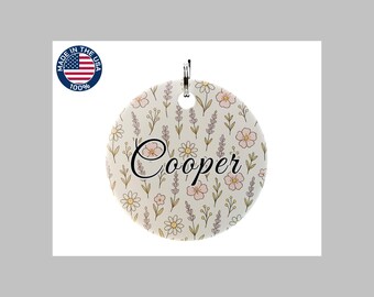 Floral Personalized Dog ID Tag, Personalized Pet Name Tag, Durable Aluminum Round Collar Tag, Made in the USA Metal Pet Tag
