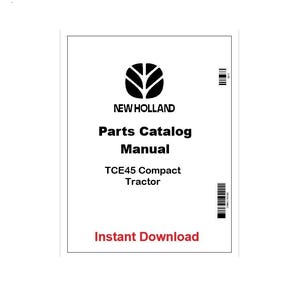 Könnte beinhalten: Ein weißes Dokument mit dem New Holland-Logo und Text. Der Text lautet "Parts Catalog Manual TCE45 Compact Tractor" und "Instant Download". Das Logo ist ein schwarzes Emblem.
