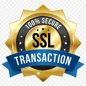 Pu&ograve; includere: Un distintivo oro e blu con le parole "100% SECURE" e "SSL TRANSACTION". Il distintivo ha un design a stella e un nastro blu con testo bianco. Le lettere SSL sono in grassetto nero.